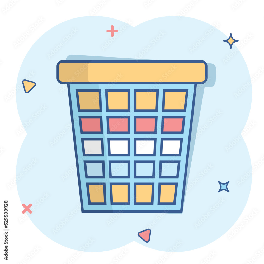 Trash bin garbage icon in comic style. Trash bucket vector cartoon illustration pictogram. Garbage basket business concept splash effect. Trash bin garbage icon in comic style. Trash bucket vector cartoon illustration pictogram. Garbage basket business concept splash effect.