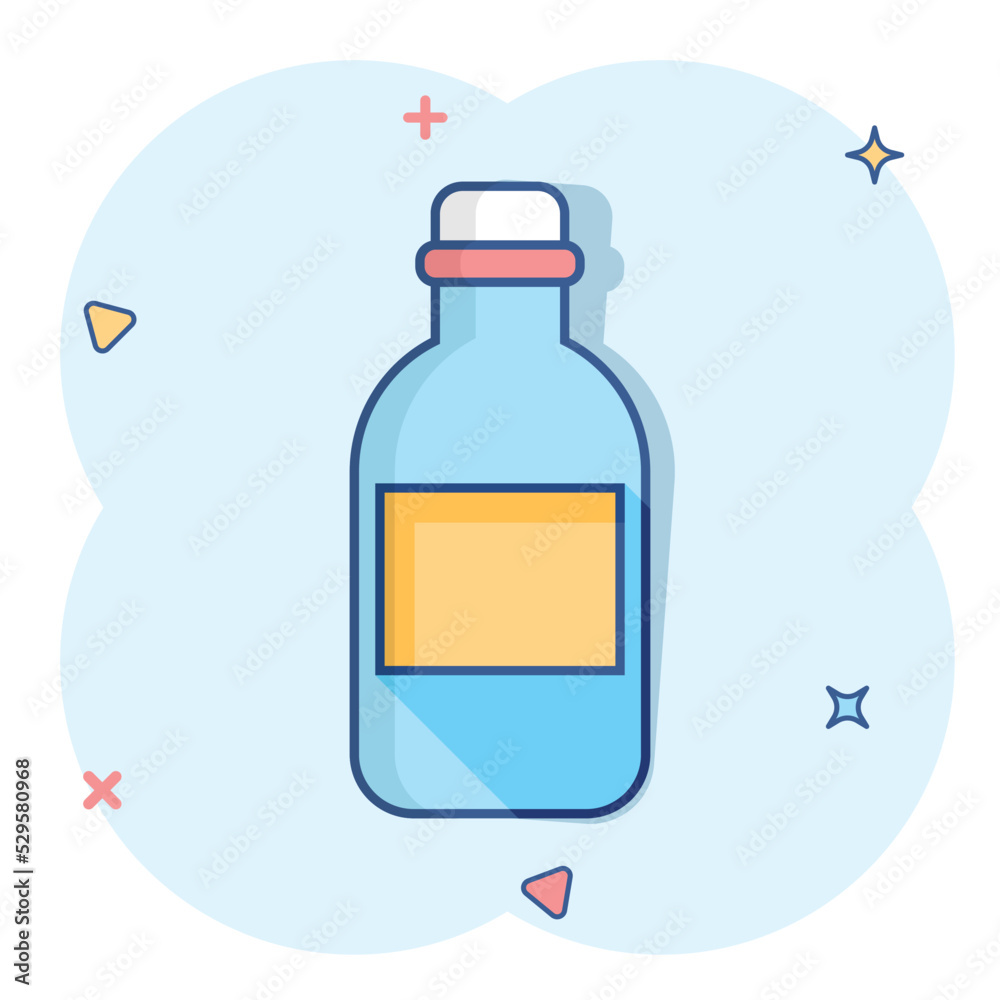 Water bottle icon in comic style. Plastic soda bottle vector cartoon illustration pictogram. Liquid water business concept splash effect.