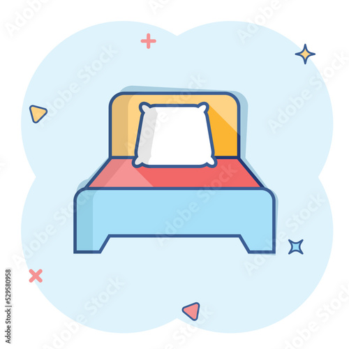 Bed icon in comic style. Sleep bedroom vector cartoon illustration pictogram. Relax sofa business concept splash effect.