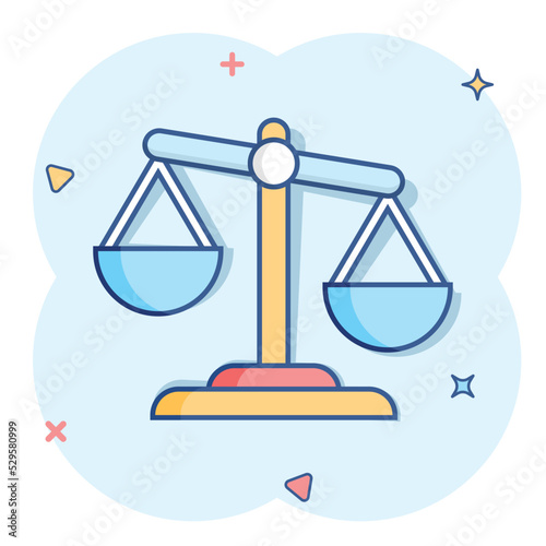 Scale comparison icon in comic style. Balance weight vector cartoon illustration pictogram. Scale compare business concept splash effect. photo