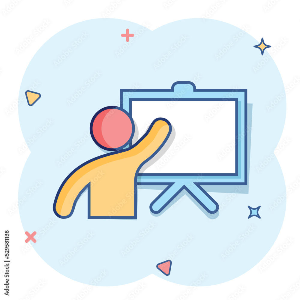 Training education icon in comic style. People seminar vector cartoon illustration pictogram. School classroom lesson business concept splash effect. Training education icon in comic style. People seminar vector cartoon illustration pictogram. School classroom lesson business concept splash effect.