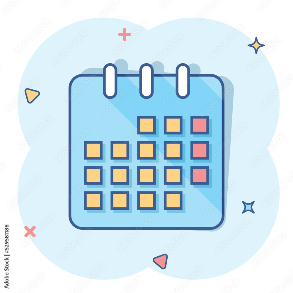 Calendar agenda icon in comic style. Planner vector cartoon illustration pictogram. Calendar business concept splash effect. Calendar agenda icon in comic style. Planner vector cartoon illustration pictogram. Calendar business concept splash effect.
