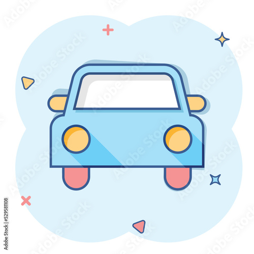 Car icon in comic style. Automobile car vector cartoon illustration pictogram. Auto business concept splash effect.