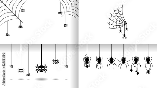 Set Spiders on Web Collection with white Background. Halloween Background Design Element. Spooky, Scary Horror Decoration Vector