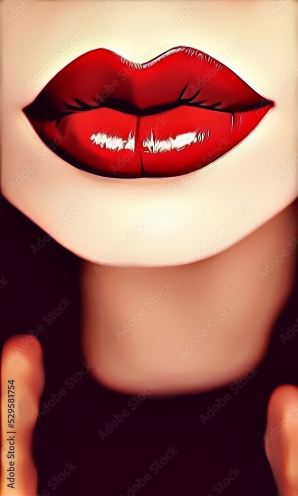 Fototapeta premium Illustration of beautiful full lips of a sexy woman with very pronounced lipstick, attractive lips