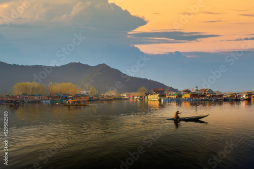 Sunset at Dal Lake, City of water at Kashmir. Lifestyle of people transportation around Dal Lake city in the evening.