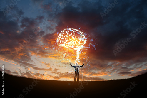 Brain with network connections, hands holding brain with network connections, innovative technology in science and communication concept