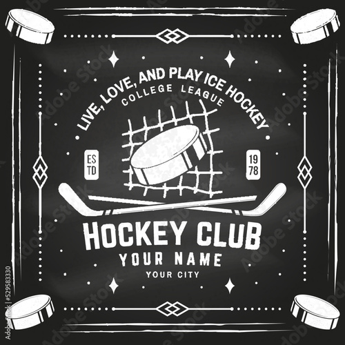 Ice Hockey club logo, badge design on chalkboard. Concept for shirt or logo, print, stamp or tee. Winter sport. Vector illustration. Hockey championship.