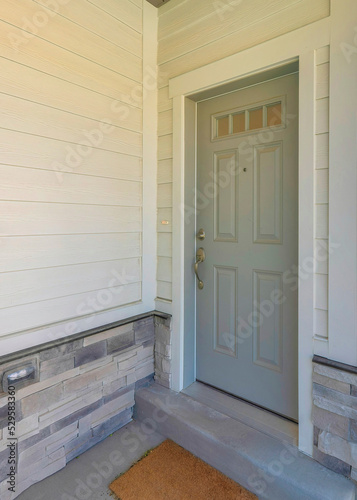Vertical Gray front door of a townhome with glass panes and doormat