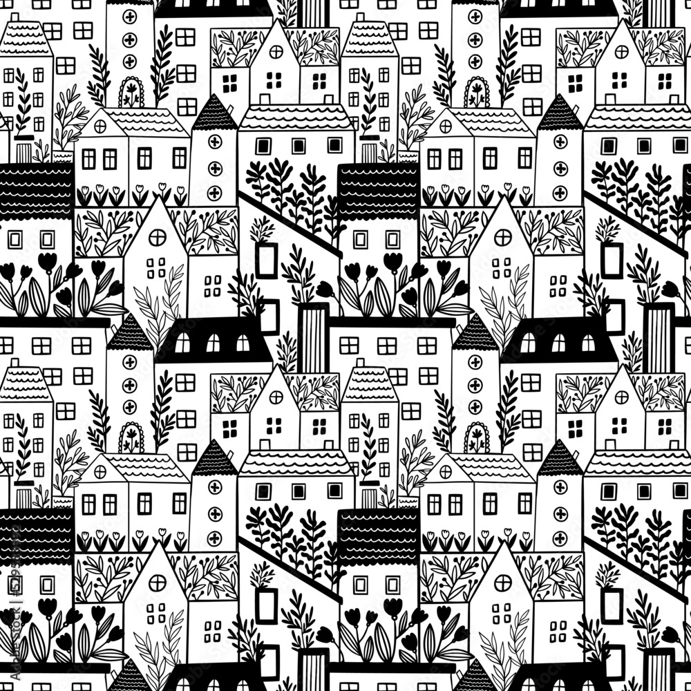 Black and white city pattern. Doodle texture. Cute repetition vintage town. Line art architecture. Real estate. Residential buildings with windows and flowers. Vector seamless background