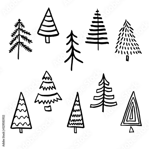 Hand drawn Christmas tree set, doodle black vectors collection, linear style symbols collection