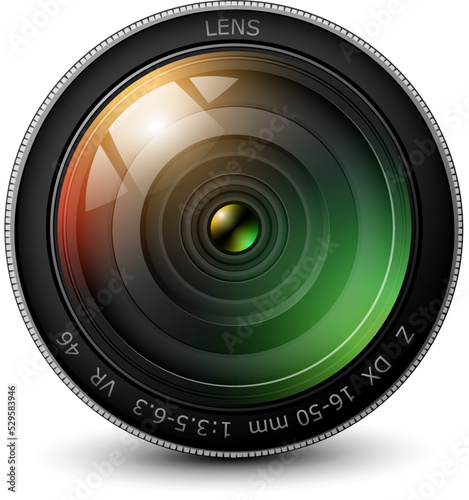 Camera photo lens 3D icon, realistic technology symbol design, vector illustration.