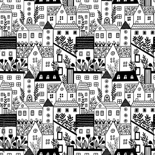 Black and white city pattern. Doodle texture. Cute repetition vintage town. Line art architecture. Real estate. Residential buildings with windows and flowers. Vector seamless background