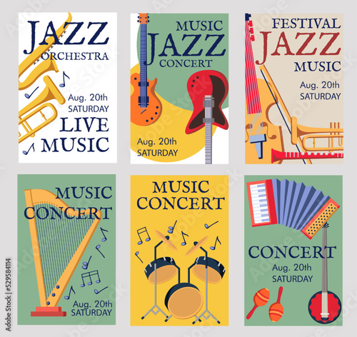 Festival poster. Music instruments background. Performance advertising invitation with piano and guitar. Saxophone or microphone. Concert announcement flyers set. Vector concept art