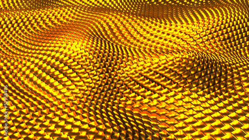 Gold metallic background  3D waves from squares  golden metal shapes mosaic