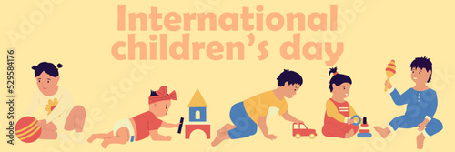 International children s Day. Kids holiday horizontal poster. Toddlers in rompers play with toys. Little boy and girl games. Cute babies joy. Rattle and ball. Vector festive card design