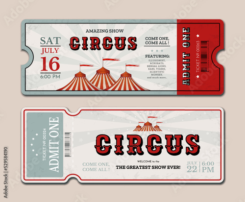 Vintage circus ticket. Carnival event. Retro star amusement. Luxury old style coupon with barcode. Performance marquee. Clown fair show invitation flyers set. Vector background template