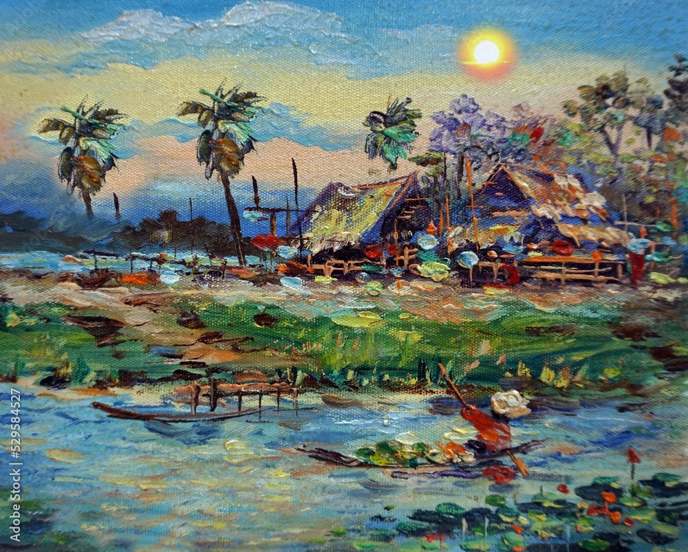 Art painting Oil color , Countryside in the provinces Thailand on canvas