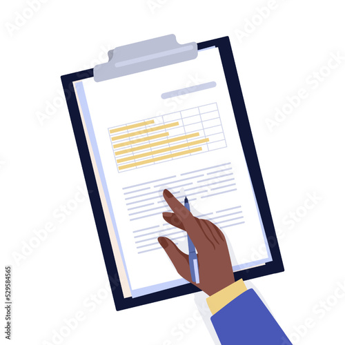 Table top view. Office worker writing on paper tablet. Cartoon characters working with infographics. Pen in arms. Clipboard with document pages. Hand on desk. Vector employee workplace