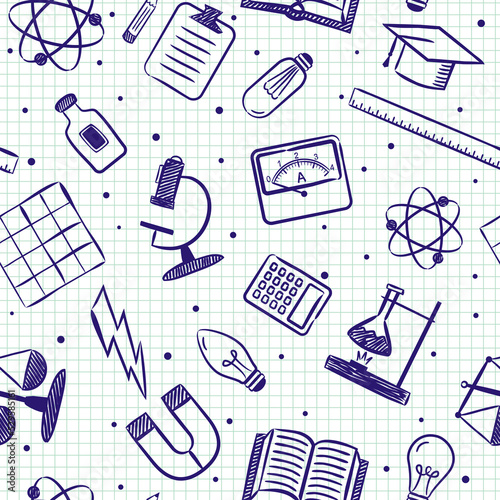 Seamless doodle pattern with school physical elements. Pattern with hand drawn education objects, magnet, electricity, experiments on checkered notebook sheet. Vector background for Physics