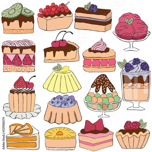 Hand drawn fruit dessert and cake in doodle art style on white background