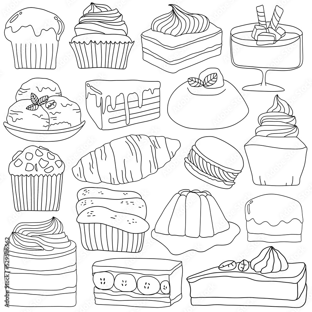 Hand drawn coffee cake and dessert collection set in doodle art style on white background