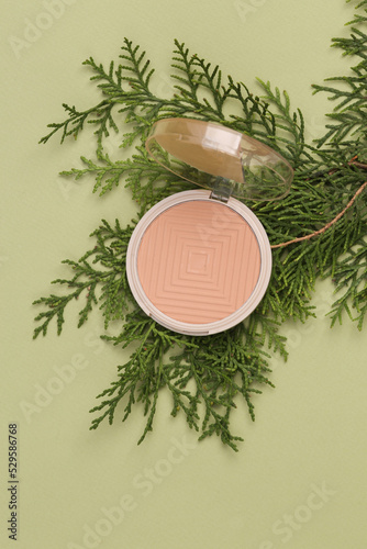 Powder box with fir sprig on a green background. Natural cosmetics concept. Top view