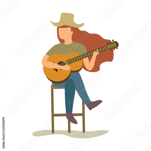 Vector illustration of country style female guitarist on white background