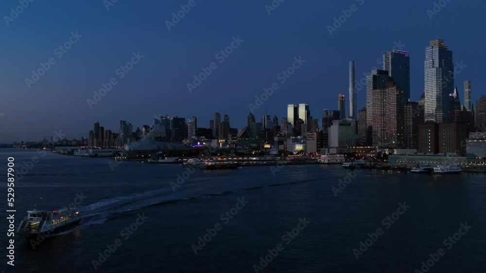 Flying Over the Hudson River into Midtown Manhattan at Blue Hour