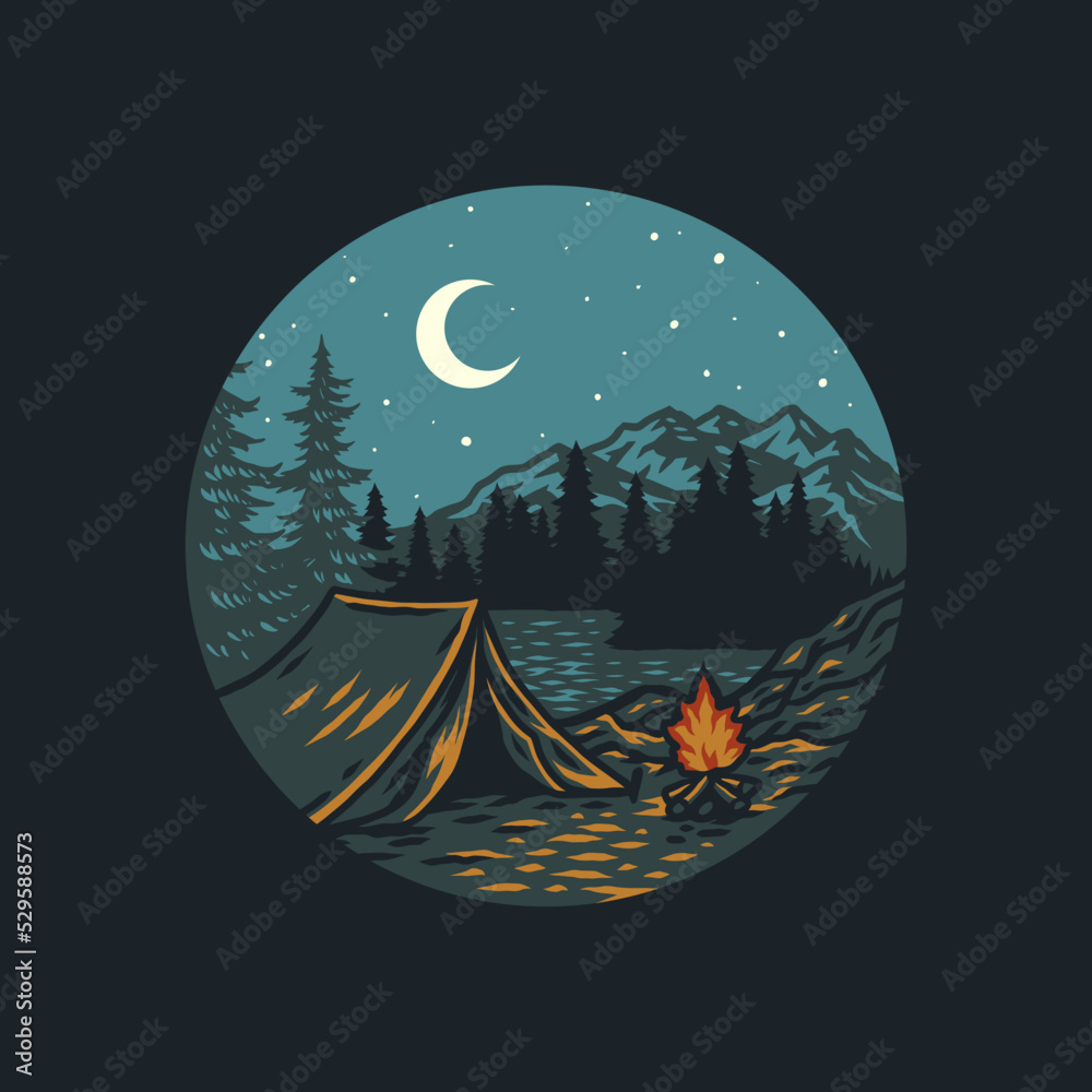 Camping in a forest, hand drawn line style with digital color vector illustration