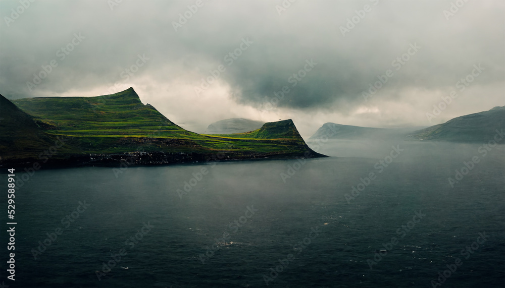 Faroe island ocean mountain cloudy sky painting