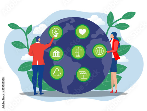 World Earth Day green eco energy , business people save Earth with icon World Earth Day and Save the Planet concept of conservation, protection and reasonable consumption of natural resources.