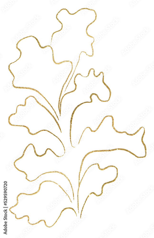 Seaweeds made of golden outlines, single elements for beach wedding Illustration, clipart