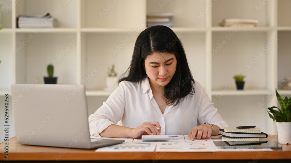 Beautiful female employee using laptop computer at bright modern corporate office Beautiful female employee using laptop computer at bright modern corporate office