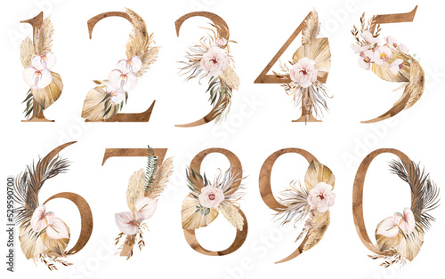 Watercolor numbers decorarated with dried leaves and tropical flowers, Bohemian illustration
