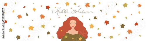 Banner Hello Autumn, welcome Fall, Hello Fall, young red-haired woman with freckles joyfully welcoming autumn, looking up at falling tree leaves (red, yellow, orange, green leaves)