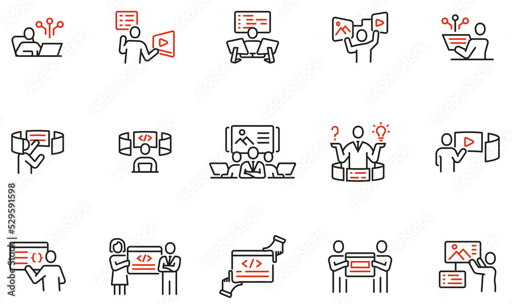 Vector set of linear icons related to engineering development, script ...