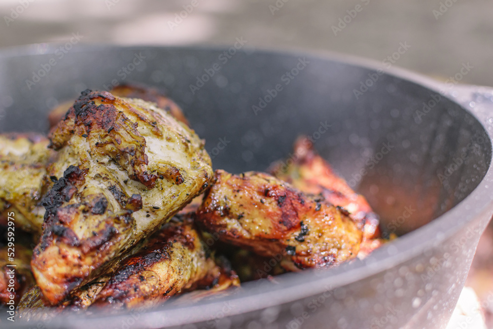 Full pan of delicious grilled meat Full pan of delicious grilled meat