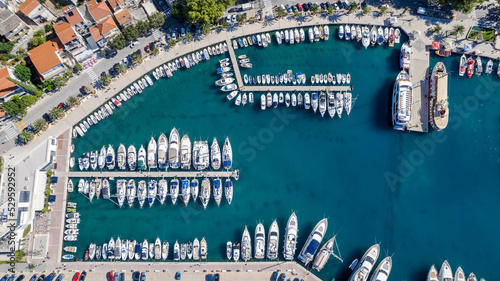 Town of Baska Voda beach and waterfront aerial view, Makarska riviera in Dalmatia, Croatia photo