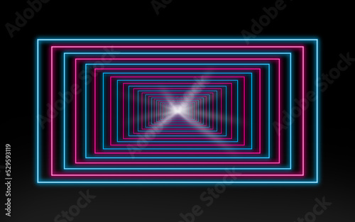 Obraz na płótnie Light at the end of a retro tunnel of pink and blue neon squares, 3D illustratio