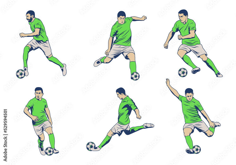 A set of vector set of football, soccer players. Soccer players illustration collection. football players kick and dribble.