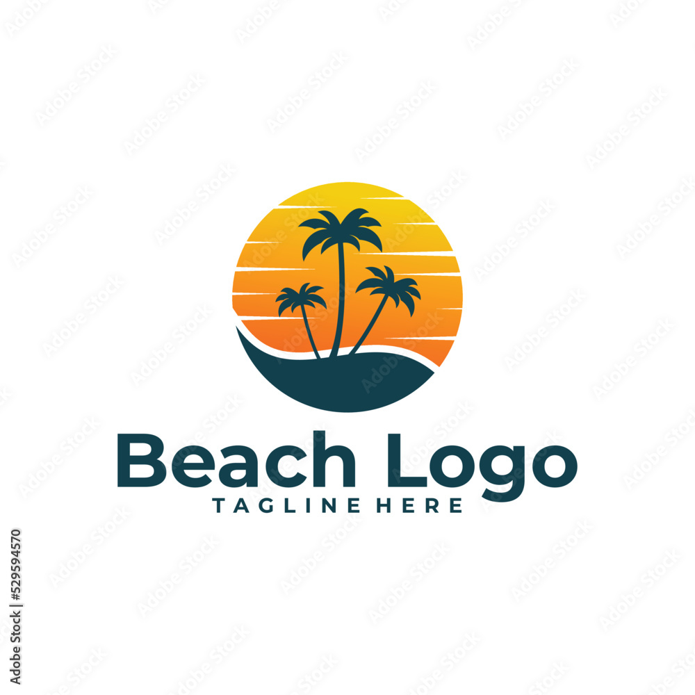 beach logo concept, sunrise, sunset, palm tree logo