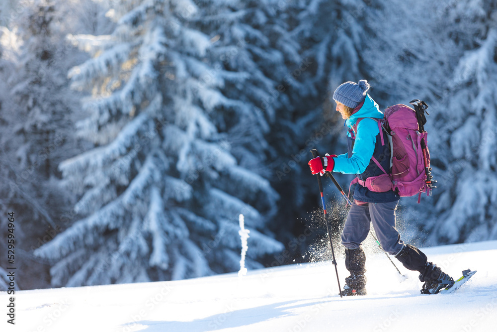 A hiker walks in snowshoes in the snow