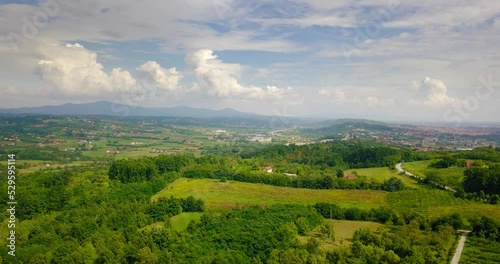 Aerial nature countryside landscape picturesque mountains hills forests meadows photo