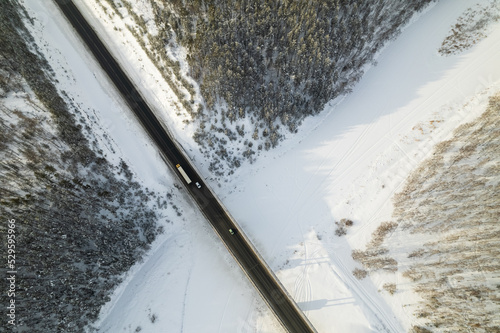 landscape overlooking the bridge, aerial view of the bridge in the snow