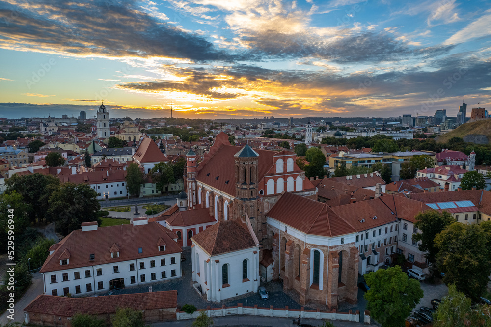 Aerial autumn beautiful sunset view of Church of St. Anne, Vilnius old town, Lithuania