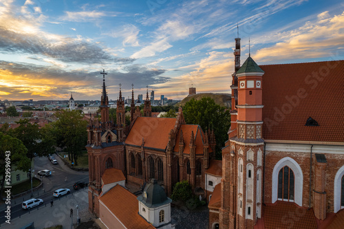 Aerial autumn beautiful sunset view of Church of St. Anne, Vilnius old town, Lithuania