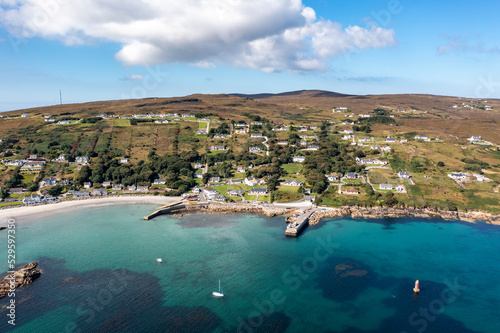 Aerial view of the pier at Leabgarrow on Arranmore Island in County Donegal, Republic of Ireland