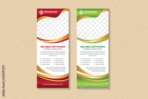 abstract modern business roll up banner template for reliable networks. red, gold and blue colors banners design. space for photo collage and text. vertical layout advertising for web design vector.