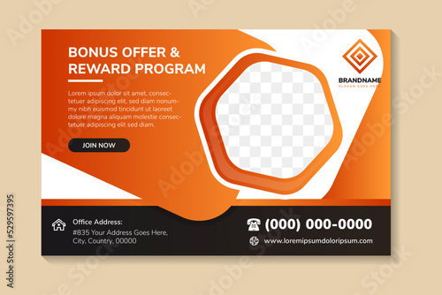 bonus offer and reward program banner. Horizontal layout vector background template for page covers, flyers, leaflets or advertising billboards. hexagon space for photo and text. white background. 